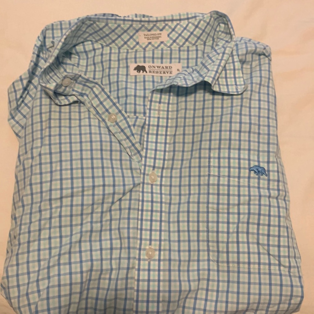 XL onward reserve button down. In a blue checkered pattern